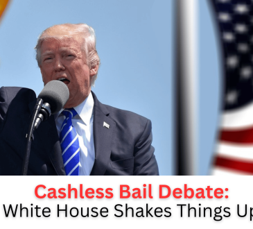 Protest sign outside courthouse against cashless bail policies.