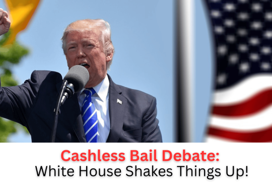 Protest sign outside courthouse against cashless bail policies.